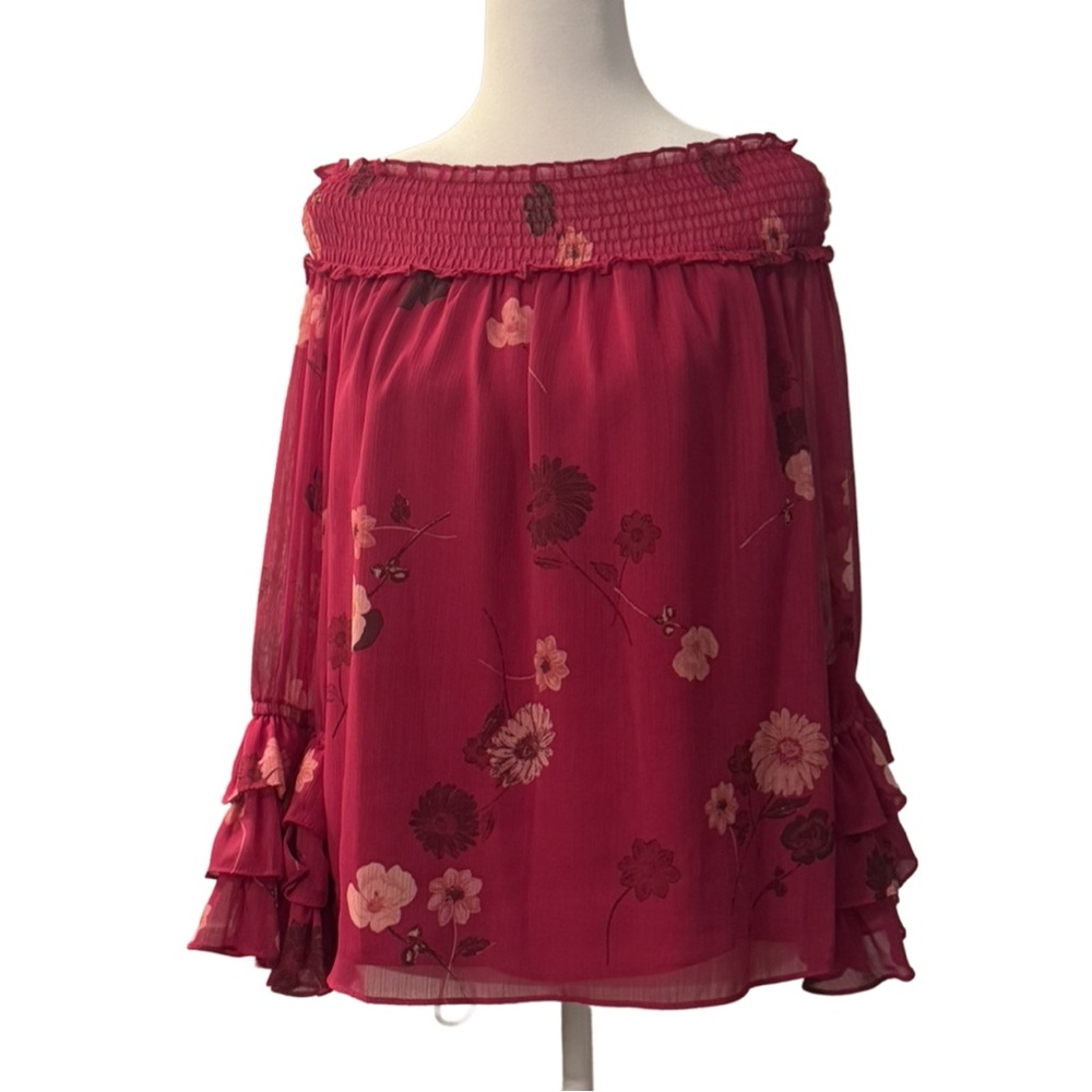 NWT CeCe Pink Romantic Smocked Off the shoulder Blouse with Flutter Sleeves XS